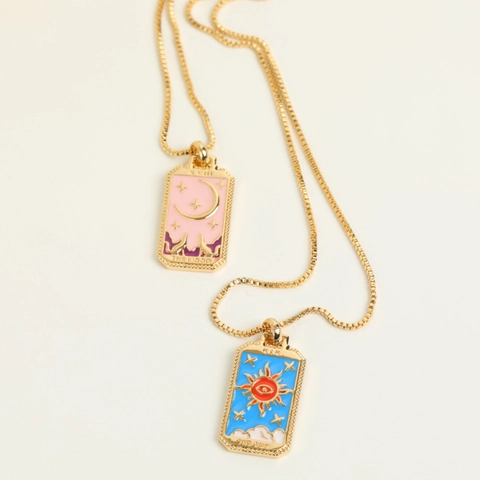 Tarotkarten Anhänger Halskette Kupfer Vergoldet Emaille Rechteckig Sonne Mond Design Retro Vintage Schmuck Für Damen