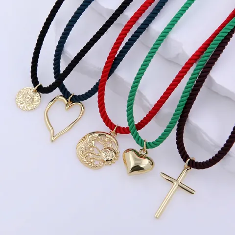 18K Gold Plated Copper Colorful Braided Rope Necklace Zirconia Heart Sun Evil Eye Pendant Choker Dopamine Jewelry For Women