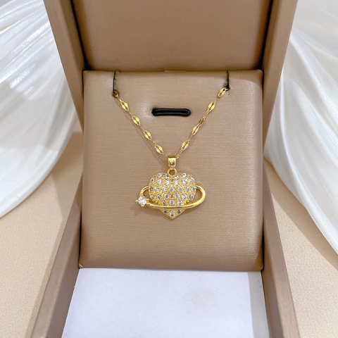 Hart Planeet Saturnus Hanger Ketting Vrouwen Verguld Roestvrij Staal Ketting Koper Micro Ingelegd Zirkonia Luxe Sieraden