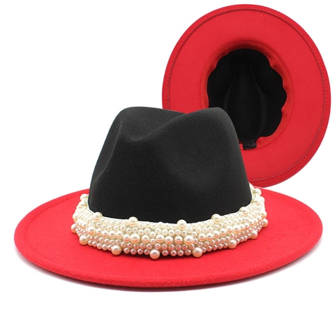 Zweifarbiges Fedora Hut Filz Breite Krempe Künstliche Perlen Band Vintage Eleganter Jazz Hut Für Damen
