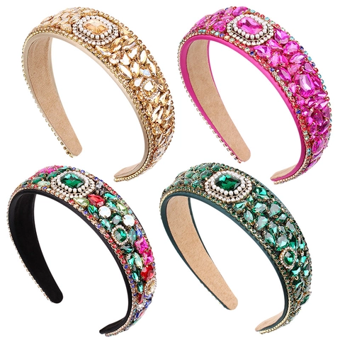 Baroque Rhinestone Headband Wide Padded Crystal Faux Artificial Pearl Vintage Hair Hoop Luxury Hair Accessory For Women Party