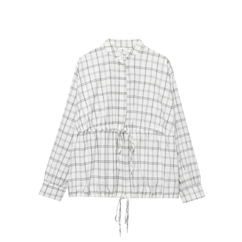 Women Plaid Shirt Jacket Long Sleeve Cotton Linen Blend Drawstring Hem Cropped Zipper Casual Fashion Western Style Blouse