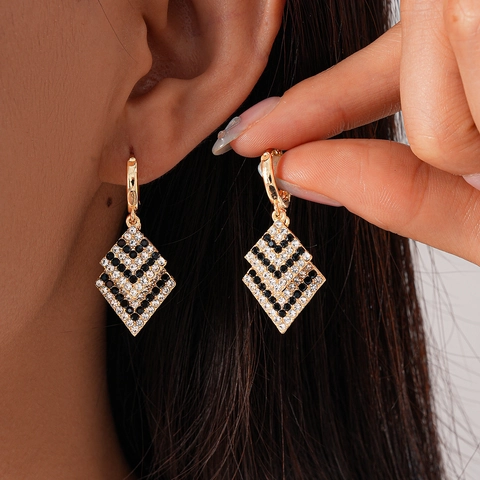 Geometrische Rhombus Hängeohrringe Für Damen Legierung Schwarz Weiß Straßstein Vintage Elegant Luxus Schmuck Accessoires