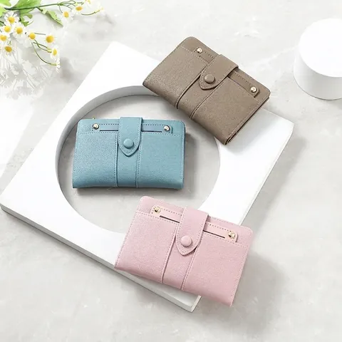 Damen Kurze Geldbörse Lychee Textur PU Leder Zweifach Kartenhalter Druckknopf Reißverschluss Münzfach Retro Elegant