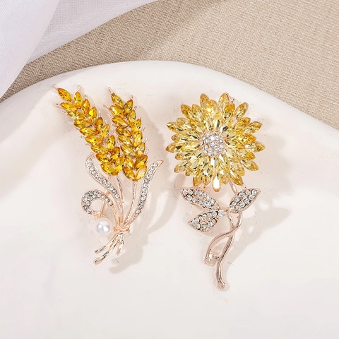 Spilla in Lega con Strass a Forma di Girasole e Spiga di Grano Perle Artificiali Elegante Spilla per Donna Gioielli Matrimonio Festa Accessori