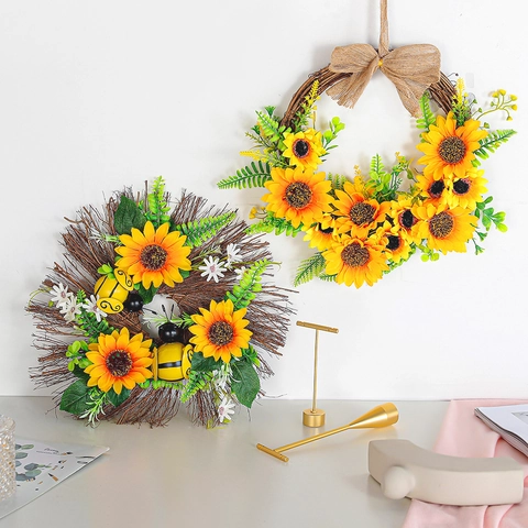Sonnenblume Künstlicher Kranz Satinnblumen Rattanbasis Juteschleife Bienen Deko Landhaus Haustür Wandbehang Dekor