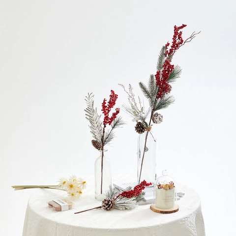 Artificial Christmas Berry Pinecone Branches Snowy Frosted Red White Berries Home Vase Decoration Festive Ornaments