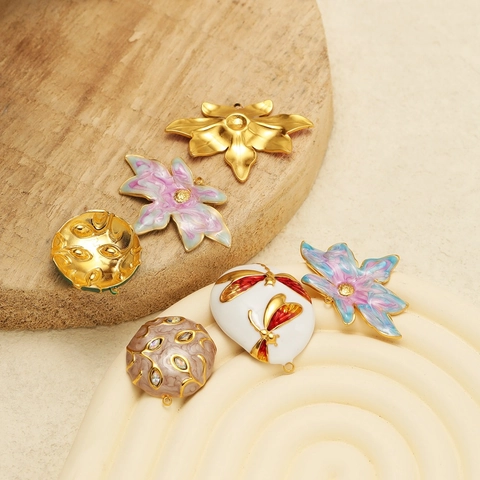 Edelstahl Anhänger Libelle Blume Blatt Form Vergoldet Emaille Charms DIY Schmuckherstellung Zubehör