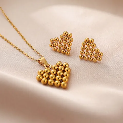 Collana E Orecchini A Cuore Vintage Acciaio Inossidabile Perlato Catena Clavicola Gioielli Placcati Oro Per Donna
