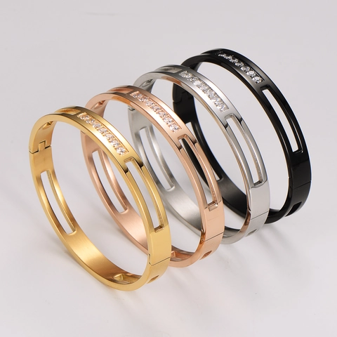Bracciale Rigido In Acciaio Inossidabile Design Geometrico Con Strass Chiusura A Cerniera Gioielli Moda Donna