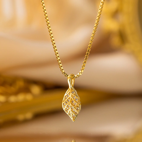 Leaf Pendant Necklace Gold Plated Stainless Steel With Sparkling Rhinestone Elegant Dainty Jewelry For Women Girls