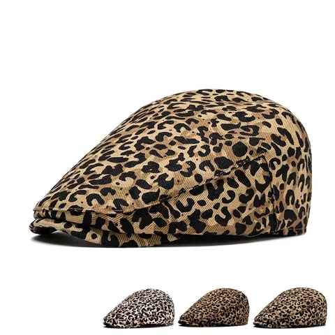 Leopard Print Forward Cap Cotton Adjustable Vintage Ivy Flat Cap For Women Men Retro Style Casual