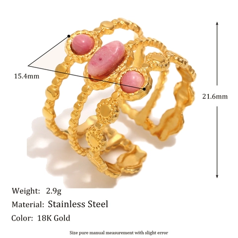 Vintage Three Layer Open Ring 18K Gold Plated Stainless Steel With Pink Stones French Style Adjustable For Women