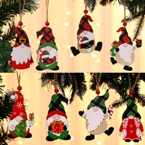 Christmas Gnome Wooden Hanging Ornaments Faceless Old Man Painted Plaid Design Festive Tree Holiday Decor