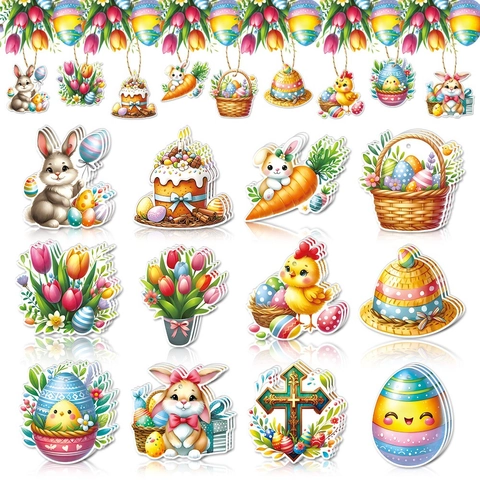 Easter Hanging Tags Decoration Bunny Egg Chick Flower Cardstock Festive Party Decor Ornament With Hemp Rope