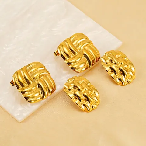 Square Geometric Earrings 18K Gold Plated Stainless Steel Textured Woven Design French Style For Women Elegant Accessories