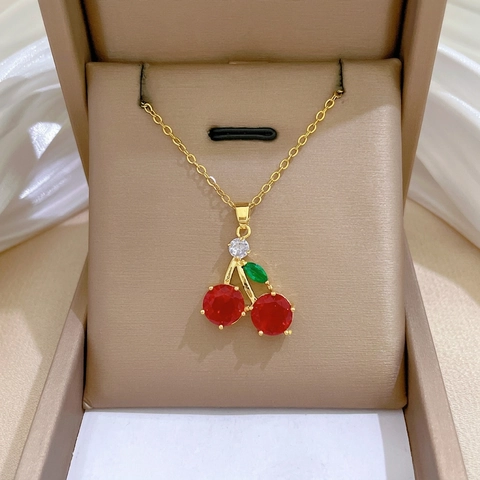 Cherry Pendant Necklace Titanium Steel Chain Copper Micro Paved Red Green Zirconia Luxury Clavicle Jewelry For Women