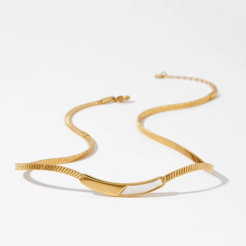 Collar De Cadena De Serpiente De Acero Inoxidable 316 Con Barra Curva De Nácar Blanco Joyería Geométrica Minimalista