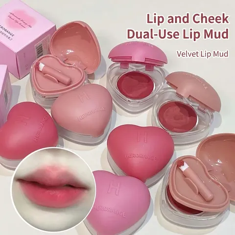 Hartvormige Lip En Wang Modder Matte Fluwelen Textuur Dubbel Gebruik Met Ingebouwde Penseel Langdurige Natuurlijke Make-up