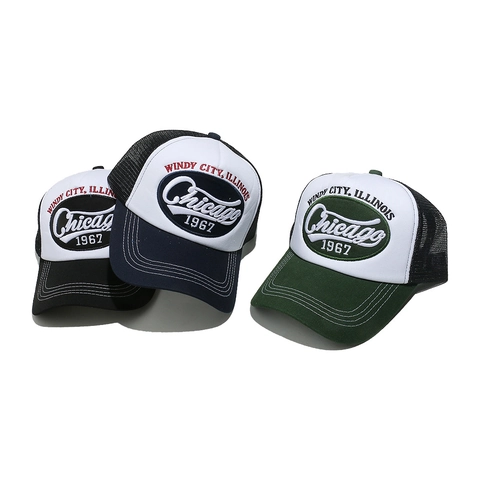 Cappellino Trucker Vintage Mesh Traspirante Chicago Illinois Ricamo Patchwork American Retro Snapback Uomo Donna