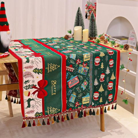 Christmas Table Runner Chenille Jacquard Santa Snowman Print Tassels Holiday Dining Decor Festive Home Party