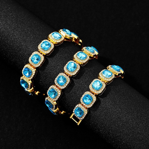 Hip Hop Iced Out Cuban Link Necklace Alloy Square Blue Cubic Zirconia Full Rhinestone Jewelry For Men Women