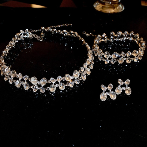 Butterfly Oval Double Layer Rhinestone Necklace Bracelet Earrings Jewelry With Silver Earring Post For Women