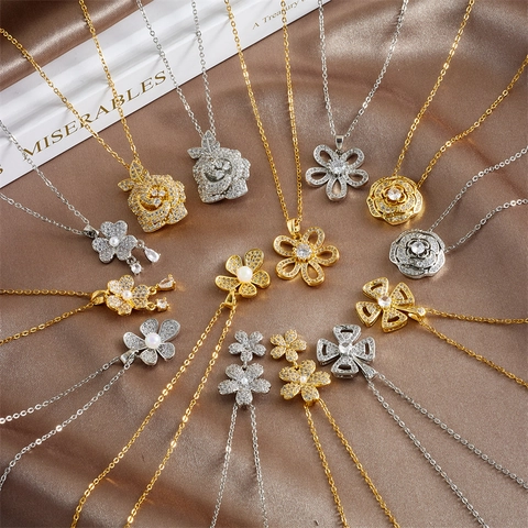 Elegante Collana Con Ciondolo A Fiore Donna Catena Acciaio Titanio Rame Placcato Oro Micro Zircone Perla Artificial Camelia Rosa