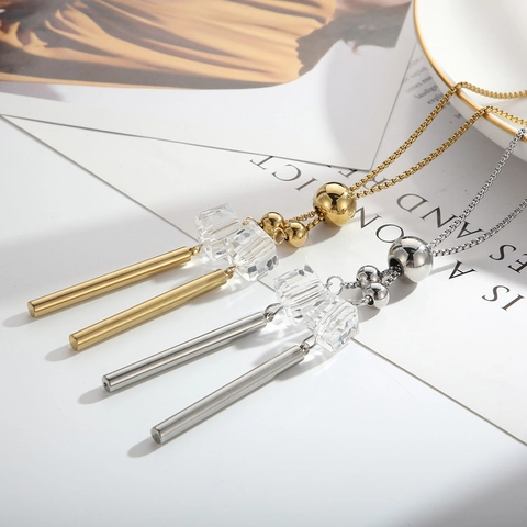 Collana Lunga Con Pendente In Acciaio Inossidabile Minimalista Geometrico Cubo Trasparente Nappa Cilindrica Catena Per Maglione Regolabile Per Donna