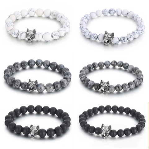 Retro Wolf Head Natural Stone Beaded Bracelet Punk Style Men Agate Tiger Eye Howlite Labradorite Alloy Jewelry
