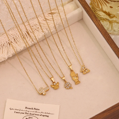 Stainless Steel Pendant Necklace 18K Gold Plated Zircon Butterfly Cross Angel Clover Hand Dainty Jewelry For Women