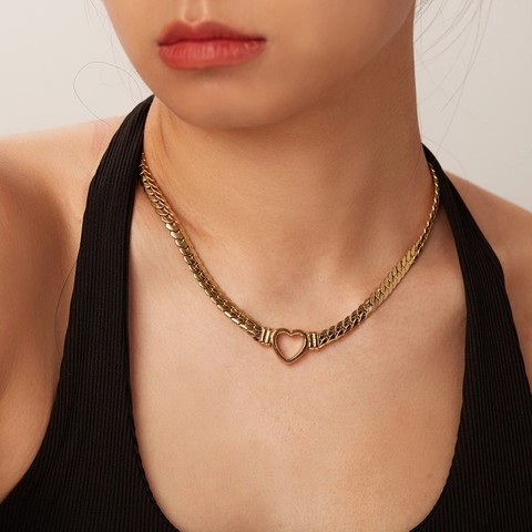 Collana Con Pendente A Cuore Acciaio Inossidabile Placcato Oro 14K Cuore Cavo Catena Cubana Piatta Per Donna INS