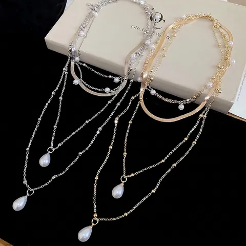 Gelaagde Ketting Met Imitatieparel Waterdruppel Hangers Legering Kettingen Elegante Sleutelbeenketting Voor Dames