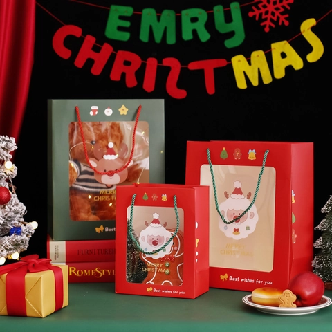 Christmas Gift Bags With Transparent Window Handheld Paper Packaging Bag Cartoon Santa Reindeer Pattern For Holiday Gift