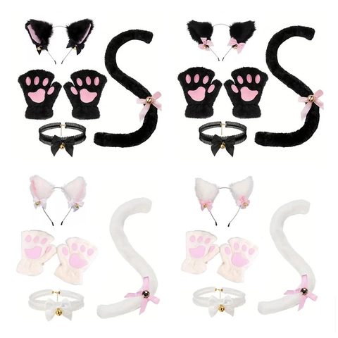 Kat Cosplay Kostuum Accessoires Kunstbont Pluche Kattenoren Hoofdband Poot Handschoenen Lange Staart Bel Choker Props