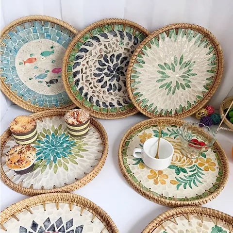 Round Rattan Woven Tray With Shell Mosaic Inlay Decorative Serving Platter For Fruit Snacks Bohemian Home Decor