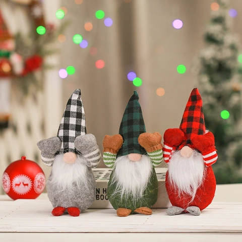 Christmas Gnome Plush Decor Covering Face Faceless Santa Claus Plaid Hat Forest Old Man Figurine Xmas Home Desktop Ornament