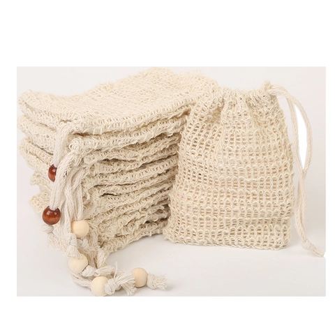Natural Sisal Soap Saver Bag Exfoliating Foaming Mesh Pouch With Wooden Bead Drawstring Eco-Friendly Bath Shower Accessory