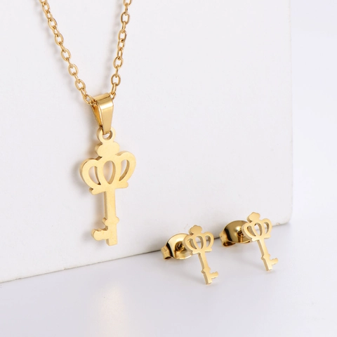 Mode Krone Schlüssel Anhänger Halskette Und Ohrringe 316 Edelstahl 18K Vergoldet Eleganter Schmuck Für Damen