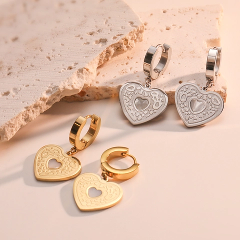 Edelstahl Herzanhänger Ohrringe Vergoldet Perlmutt Einlage Vintage Geschnitzt Hohl LOVE Schmuck Für Frauen