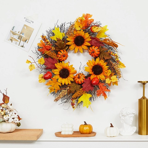Künstlicher Kranz Halloween Herbst Deko Ahornblatt Kürbis Sonnenblume Beere Zapfen Für Haustür Wandbehang