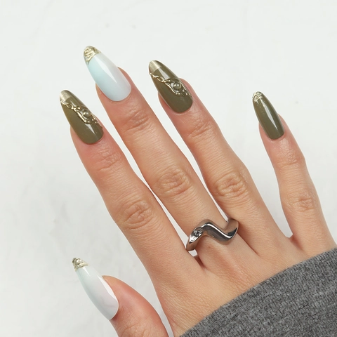 Long Almond Press On Nails 3D Gold Metallic Relief French Tip Manicure Bohemian Style For Women Elegant Wearable