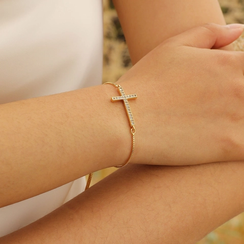Adjustable Copper Gold Cross Bracelet For Women Zirconia Inlaid Box Chain Elegant Religious Fashion Jewelry Gift