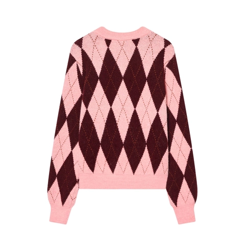 Cárdigan De Punto Con Rombos Para Mujer Estilo Vintage Preppy Patrón Rosa Con Botones Manga Larga Cuello Redondo Poliéster