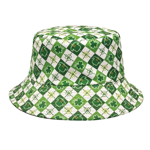 Chapeau Bob Saint Patrick Réversible Imprimé Trèfle Damier Polyester Pliable Chapeau Soleil Pour Festivals