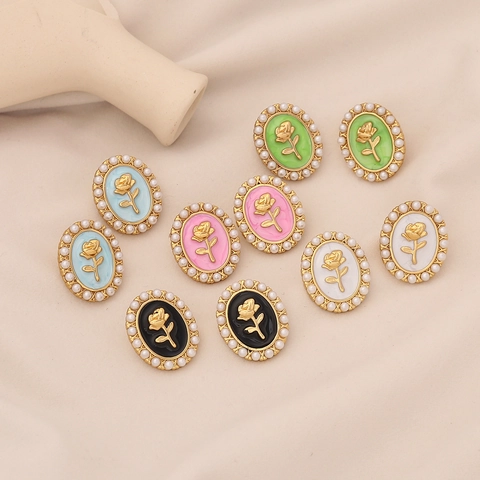 French Vintage Rose Flower Stud Earrings Stainless Steel With Imitation Artificial Pearl Enamel Oval Elegant Jewelry For Women