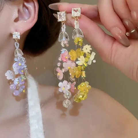 Lange Quasten Blumen Ohrhänger Mit 925 Sterling Silber Ohrstecker Harz Blütenblatt Zirkon Perlen Süß Resort Stil Damen