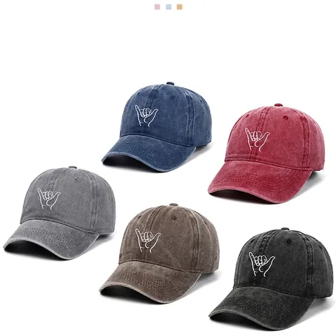 Shaka Hand Gesture Embroidery Washed Cotton Baseball Cap Vintage Adjustable Sun Hat For Men Women Outdoor Sports