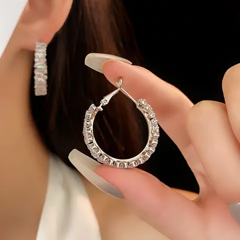 Square Baguette Cut Zircon Hoop Earrings Alloy Geometric Jewelry With Silver Earring Post For Women