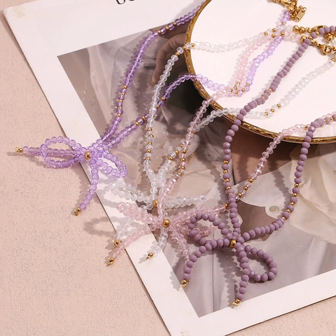 Collana con Pendente a Fiocco in Cristallo Sfaccettato Fatto a Mano Catena di Perline in Acciaio Inossidabile Gioielli Moda Donna